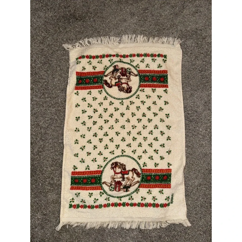 Vtg Christmas Hand Towel Rocking Horse Cotton by B&D Terry Cloth Fringed 70s